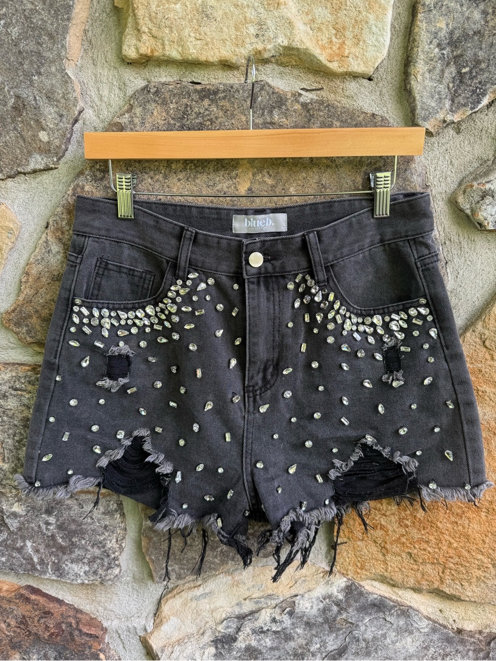 Black Rhinestone Distressed Denim Shorts Large Nashville Festival Bedazzled